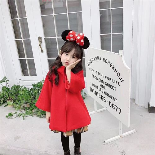 2019秋冬新品女童蝴蝶结连帽呢大衣女宝大红色米老鼠宽松呢子衣