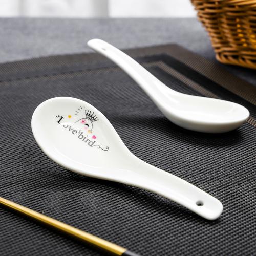 中式家用陶瓷汤勺汤匙 创意手绘白瓷调羹 餐厅酒店餐具批发直销