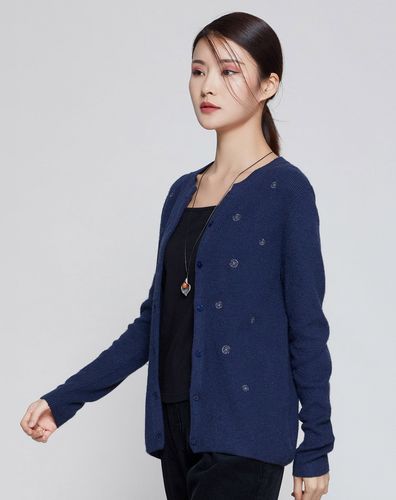 tangy/天意春秋藏蓝色长袖毛针织开衫女 经典百搭