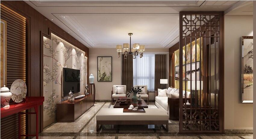 龙湖玖号院130平新中式风格三室两厅装修需要多少钱---客厅全景