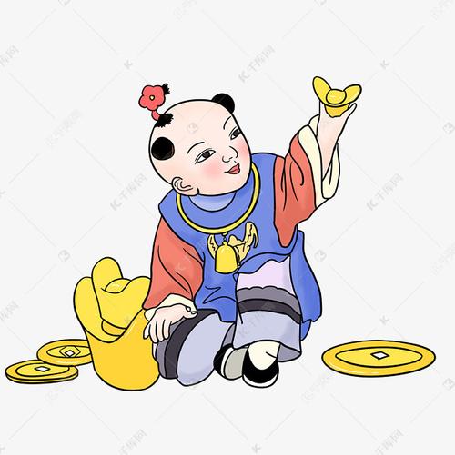 春节复古年画抱金元宝的娃娃手绘