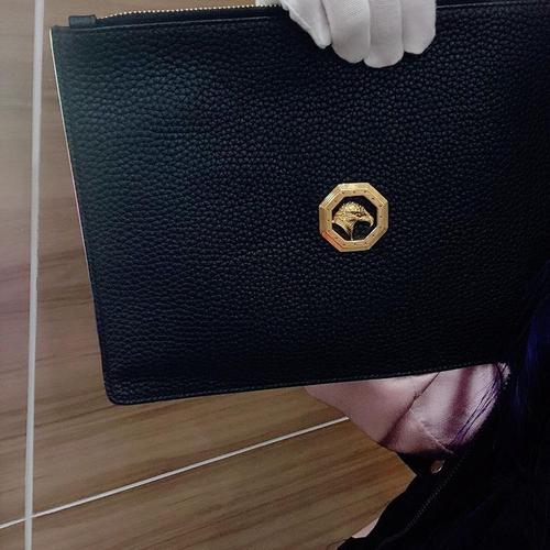 stefano ricci 史蒂芬劳.尼治金色鹰头黑色金扣荔枝纹全皮男士手包
