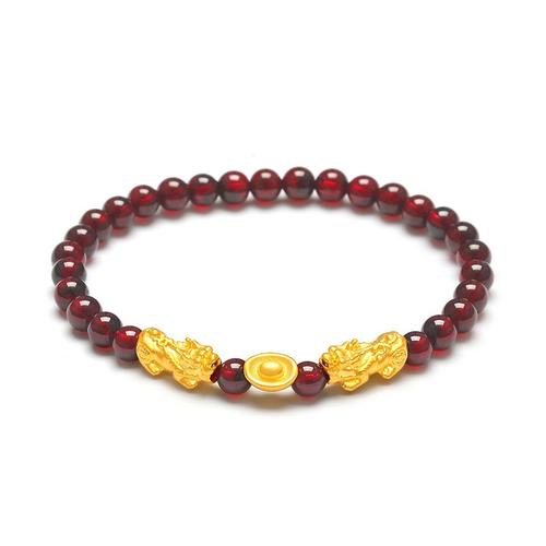 gzuan古钻珠宝金元宝足金黄金石榴石貔貅手链女士3d硬金足金金元宝