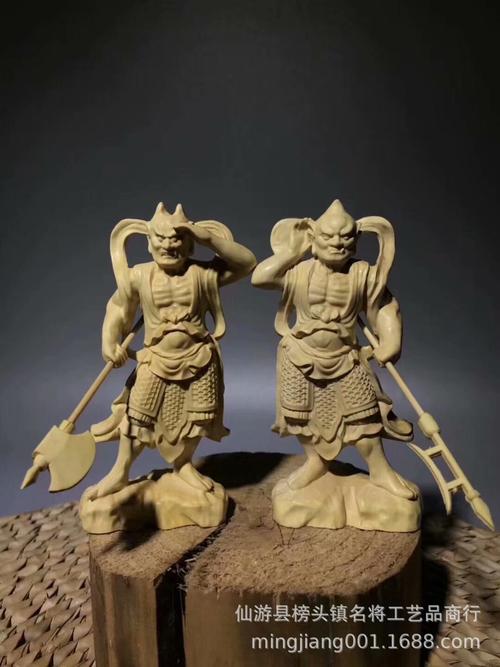 批发大叶黄杨木雕实木雕刻千里眼顺风耳将军妈祖左右护法神像摆件