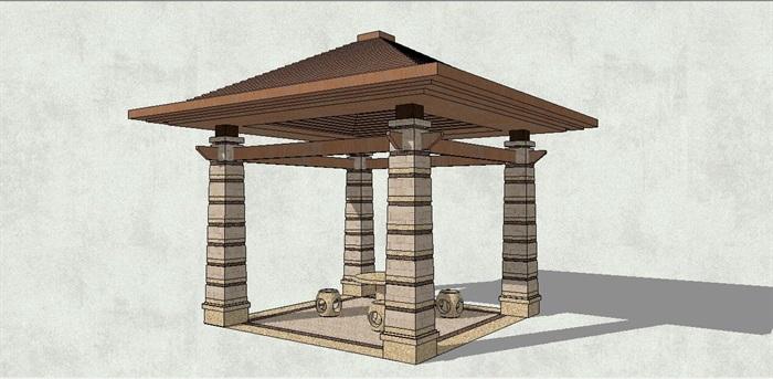 新中式四角景观亭子su模型[原创]