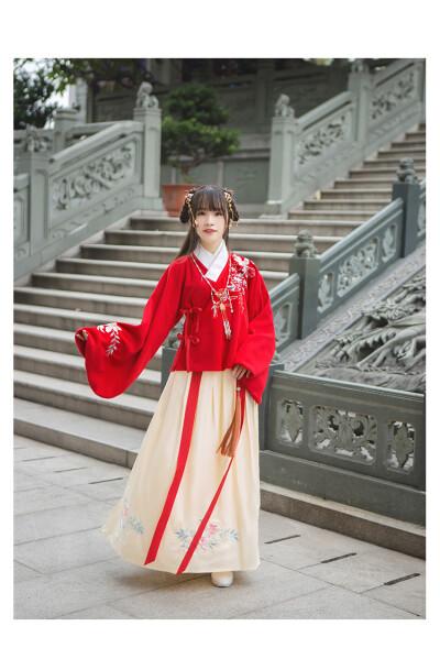 汉尚华莲传统汉服女装秋冬双层呢子交领袄裙襦裙繁花绣花日常加厚