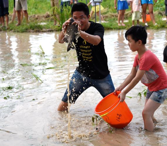 浙江台州游客裸腿下鱼塘体验"浑水摸鱼"