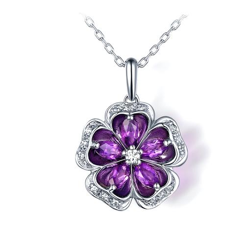 厂家直销 925纯银马眼形紫水晶项链花形吊坠 韩版流行时尚饰品