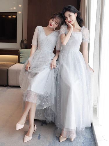 灰色伴娘礼服仙气质2021新款夏季姐妹团礼服裙女长款简单大方显瘦