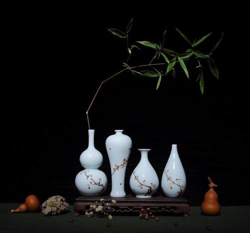 小鸟缠枝莲花插花瓶陈设手绘陶瓷工艺品葫芦梅瓶玉壶春水滴摆件