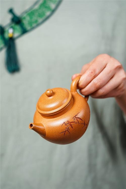 陈小明紫砂壶作品 金葵段泥竹石秋水壶 220cc 国家级工艺美术师 陈