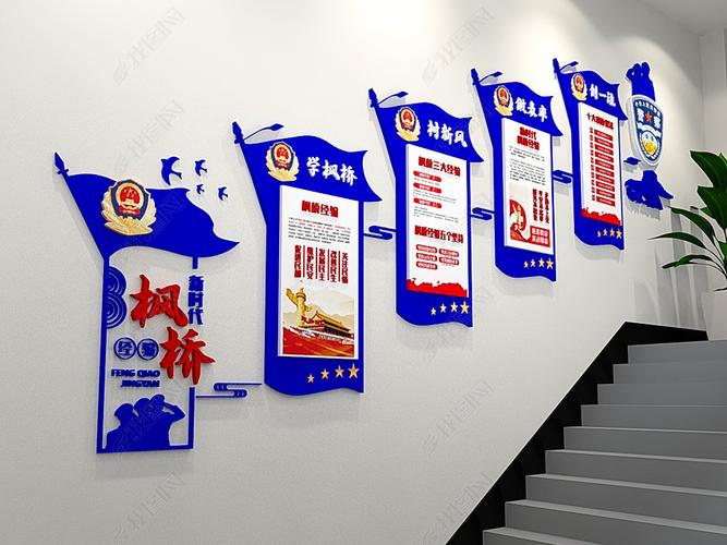 原创3d蓝色大气新时代枫桥经验司法公安标语警营文化墙楼梯走廊廉政