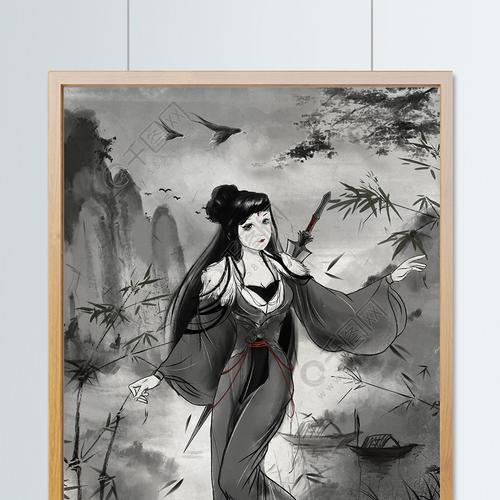 中国风水墨古风侠客武侠剑士女侠山水插画