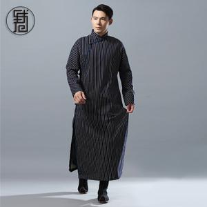 民国长衫男民国服装男士大码棉麻条纹长衫相声长袍民国风表演出服