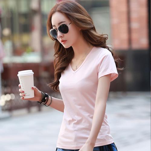 莫代尔t恤女士短袖修身韩范纯棉纯白t血鸡心领恤v领t上衣夏季