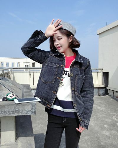 2016春季新款复古水洗牛仔衣 韩版做旧双口袋短款牛仔小外套女