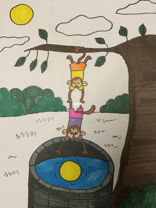 创意儿童美术猴子捞月亮卡通马克笔简笔画_卡通_简笔画_美术_马克笔