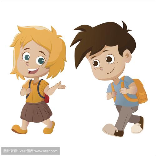 小孩走路和说话回到学校.