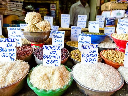 rice and beans sold at a traditional food market
