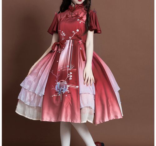 ita德莉娅萝莉塔洛莉塔lo裙公主甜美洋裙新款 红色渐变连衣裙 毛球 s