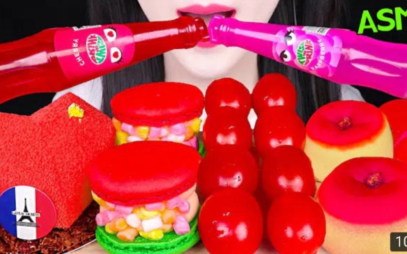 韩国吃播jane红色食物助眠音粗花呢饮料心形蛋糕果冻
