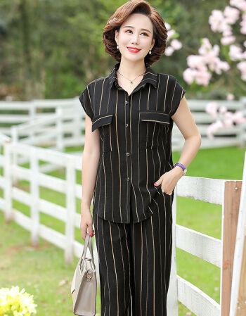 xkpk妈妈夏装套装新款中老年女装时尚条纹两件套40岁50夏天衣服薄黑色