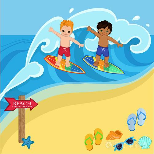 男孩在海滩上的冲浪赶上一个大浪矢量图