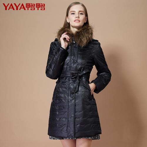 鸭鸭羽绒服女 中长款正品反季 大毛领厚收腰修身女装外套b-127