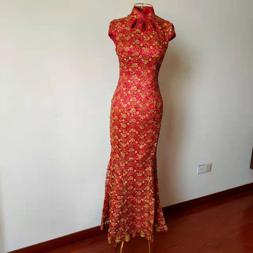 红言25旗袍新娘复古改良鱼尾裙结婚喜婆妈敬酒服直播