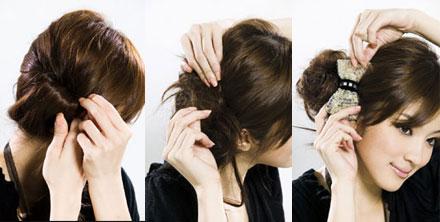 步骤1,先将头发全部挽起后,将头发扭转约5至6圈固定在右后方.