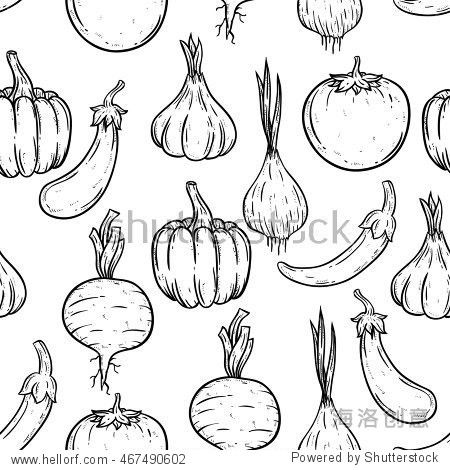 and white seamless pattern of pumpkin garlic onion eggplant