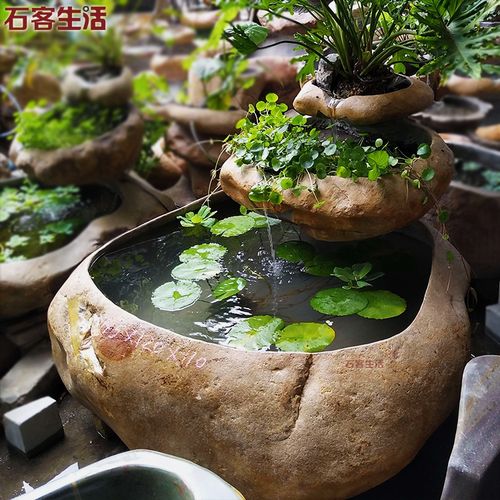 自然圆形饱满石头三层流水鱼缸庭院造景循环流水原石艺术鱼池石缸