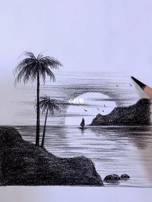 简单的夕阳海景_海景_夕阳_素描_文化_绘画