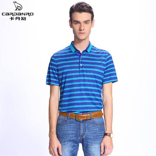 卡丹路新品款男士t恤百搭条纹印花短袖反领t恤休闲时尚简约男装 56码