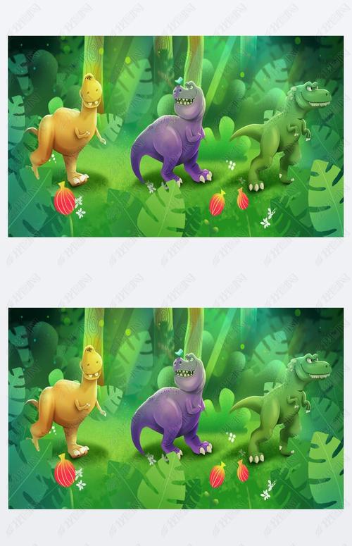原创可爱的恐龙在侏罗纪时期的丛林与热带植物树木和草在卡通风格版权