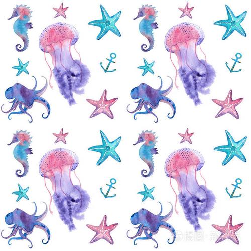 带水母和章鱼的水彩图案