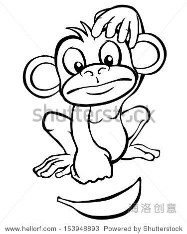 black and white cartoon monkey looking at a banana.