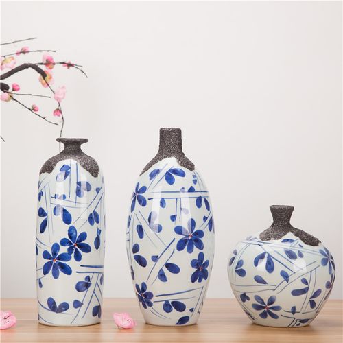 供应景德镇高温陶瓷花瓶 手绘青花陶艺三件套 田园家居工艺品7138