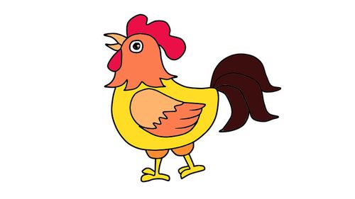 最后画出公鸡的尾巴,画三根长长的羽毛.