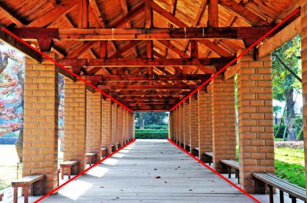 这是 最常见得透视构图,向前延伸的平行线,最终都会汇成一点,看看你的