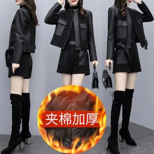 秋冬夹棉保暖毛呢拼接两件套短款夹克外套修身显瘦短裤时尚套装女