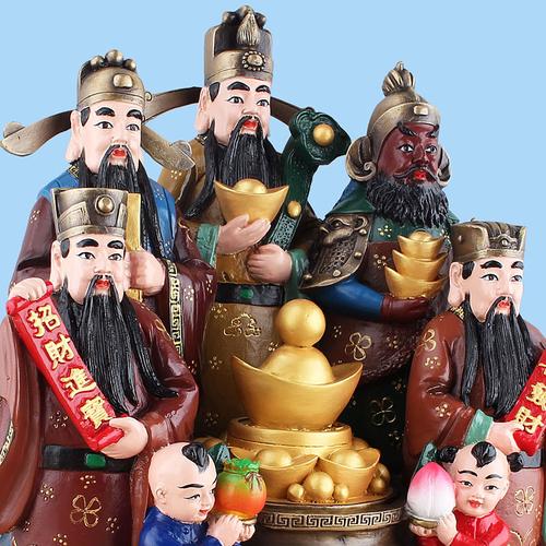 纯铜彩绘五路财神佛像开光聚宝盆财神爷铜像招财摆件