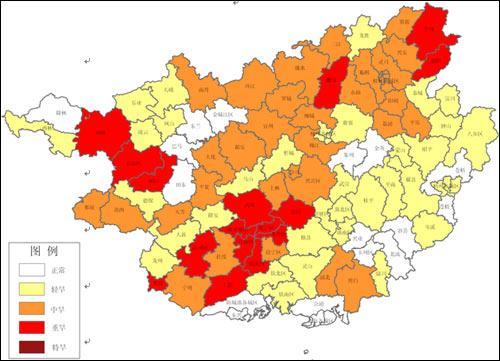 天气预报 > 正文      2010年11月1日广西气象干旱分布图   降水偏少
