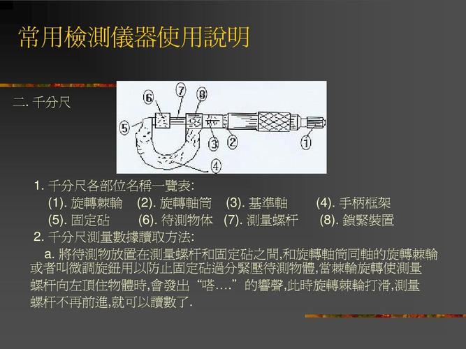 常用检测仪器使用说明 二. 千分尺 1. 千分尺各部位名称一览表: (1).