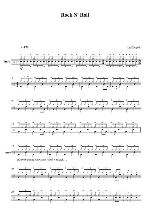 ledzeppelin–rocknroll高清架子鼓谱完整版无鼓伴奏