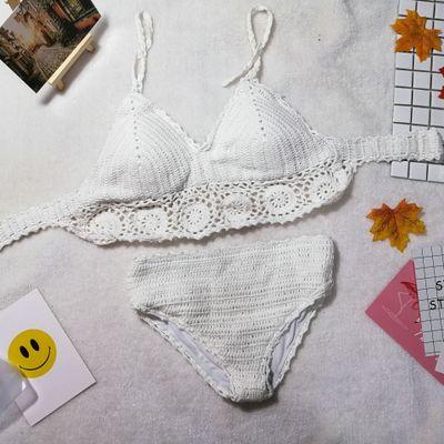 针织泳衣女比基尼小胸白色分体游泳衣聚拢大胸性感bikini韩国温泉