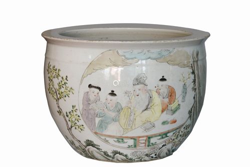 民国 粉彩人物开光卷缸