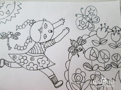 黑白线描画《追蝴蝶的小女孩》的作画步骤