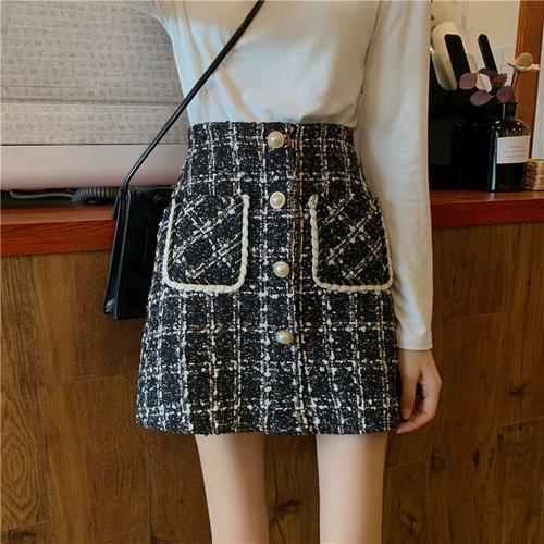 毛呢半身裙女高品质小香风毛呢格子裙子短裙字裙半身裙女秋冬2021新款