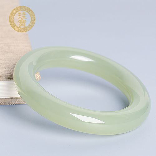 珪宝新疆和田玉青白玉胖圆条手镯女款天然玉石宽条玉镯子福镯正品